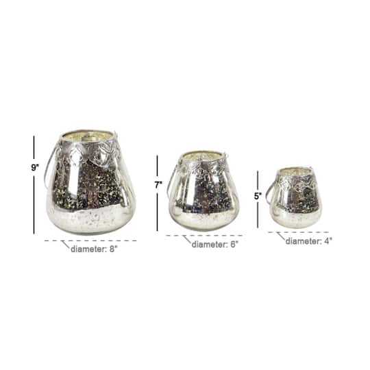 Set of 3 Silver Glass Glam Candle Holder, 5", 7", 9"